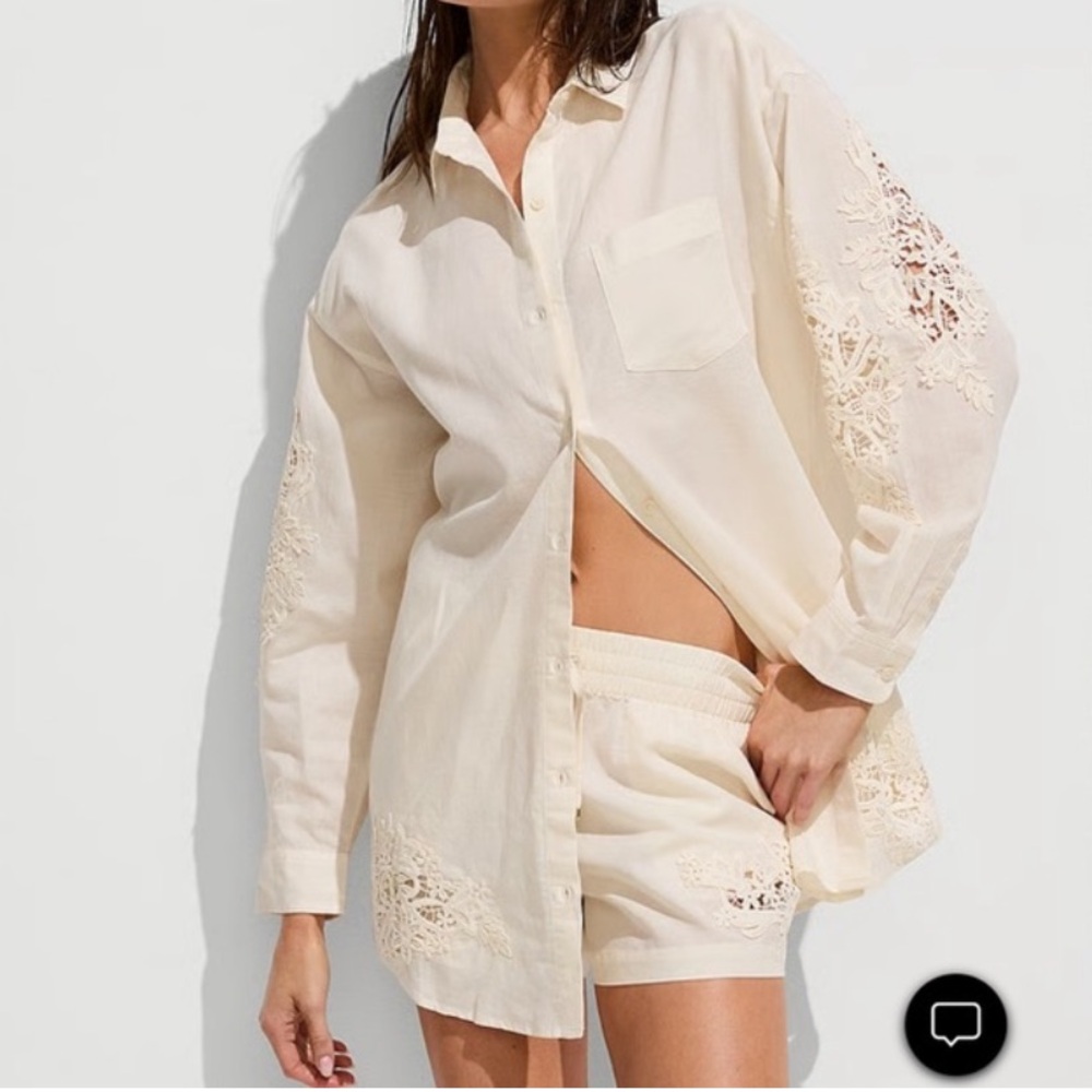 Victoria Secret Beach Cover Up Boyfriend Cream Lace Long Sleeve Button Down NWT